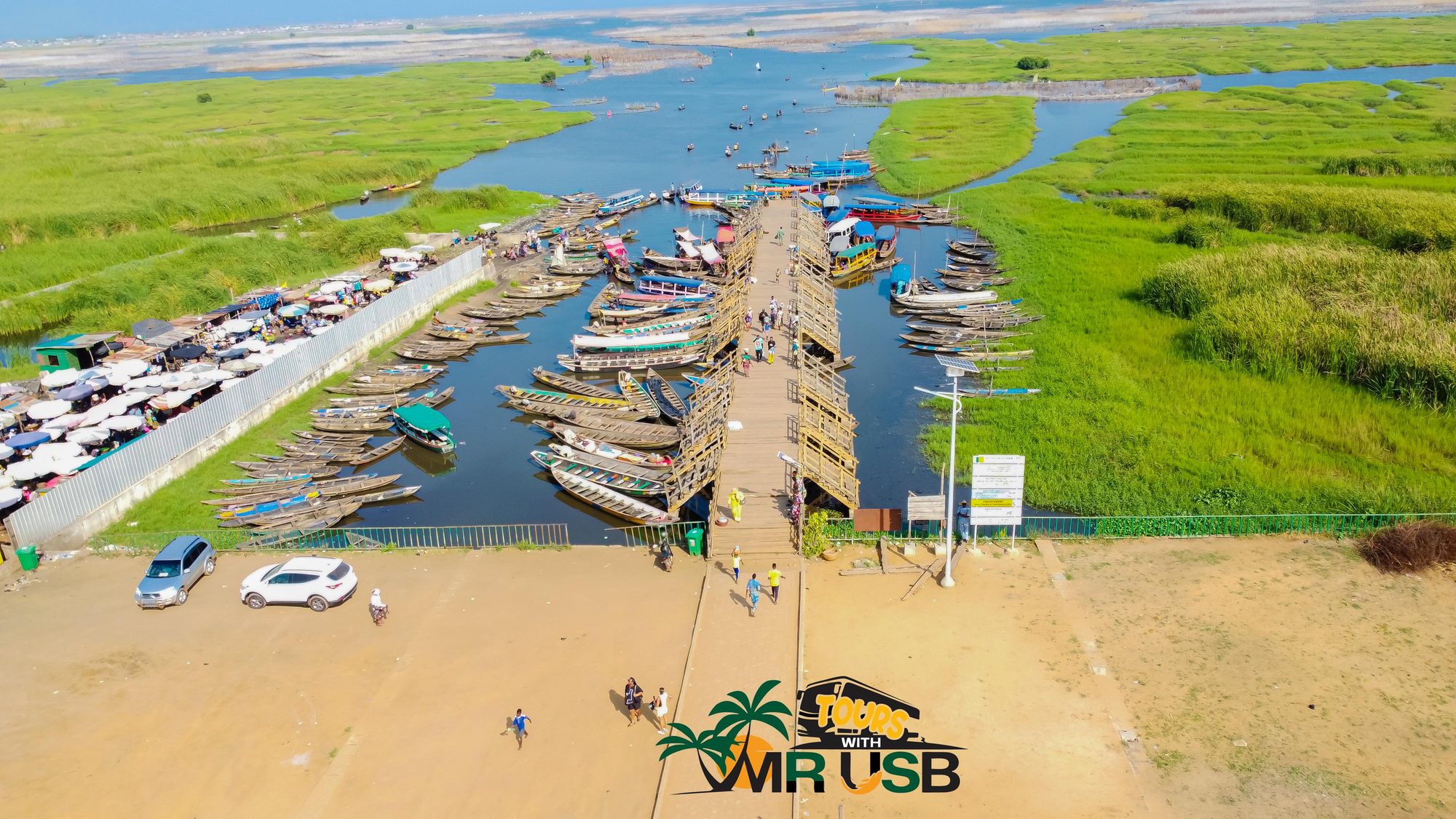 Aerial view of the boat landing and channels of Lake Nokoué